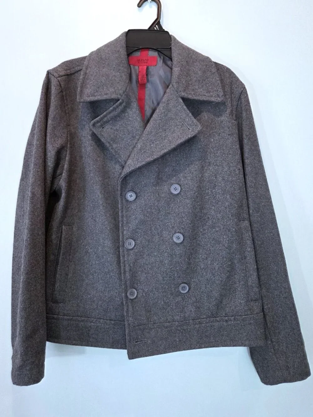 Alfani Fitted Gray Double Breasted Wool Pea Coat Size M